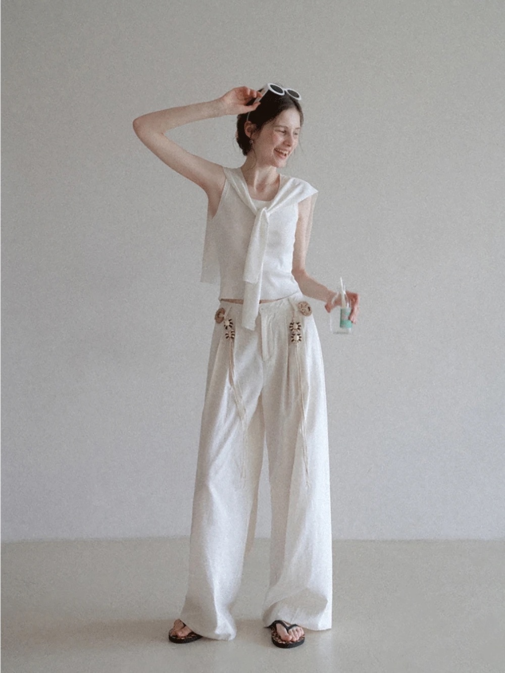 EGGKA - Boho Shell Tassel Wide Leg Pants in White